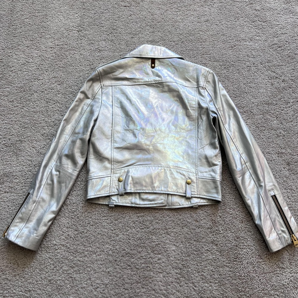 Mackage Moto Biker Jacket Silver Metallic Lambskin Leather Womens Small Zip - Picture 5 of 16